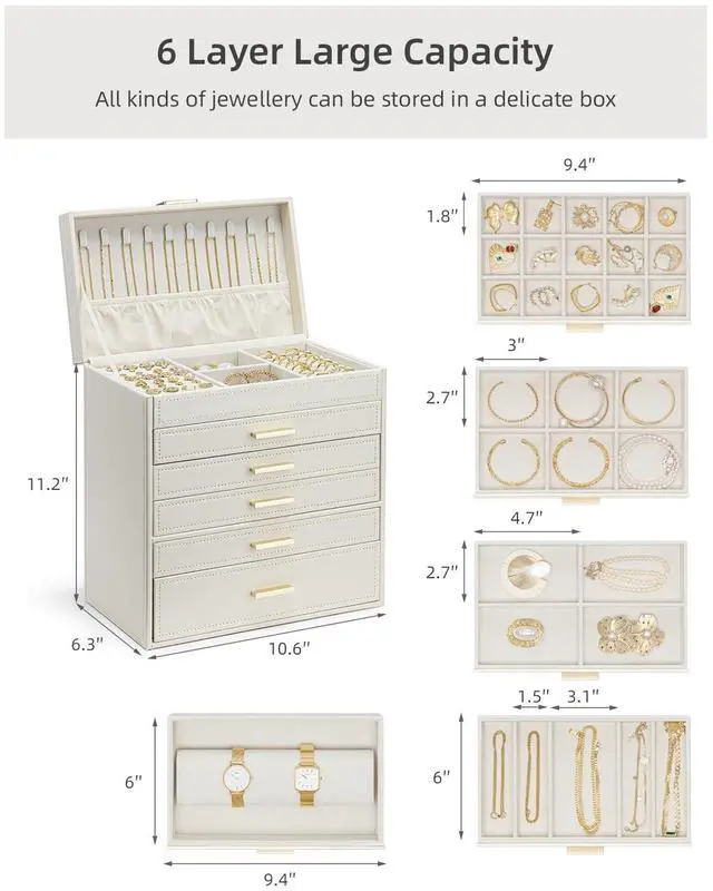 Alt view image 3 of 7 - 6 Layer Large Jewelry Box - Jewelry Holder Organizer, Jewelry Box Organizer for Drawer Necklace Ring Bracelet and Watch, Birthday Gift for Loved Ones - Beige