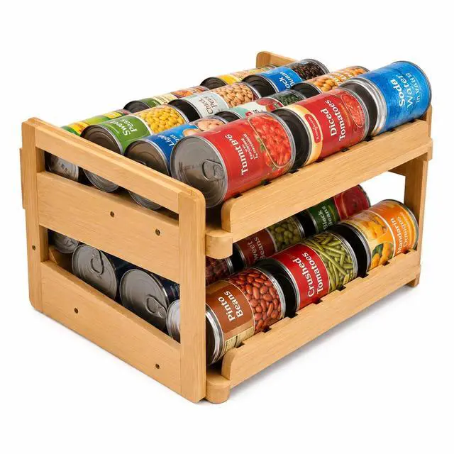 Main image of Adjustable Can Organizer Rack, Two Tier Bamboo Stackable FIFO Cans Dispenser, Modern Style, Countertop, Assembly Required, Anti Shedding