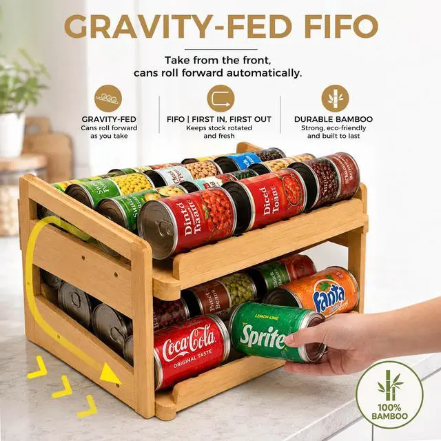 Alt view image 2 of 7 - Adjustable Can Organizer Rack, Two Tier Bamboo Stackable FIFO Cans Dispenser, Modern Style, Countertop, Assembly Required, Anti Shedding