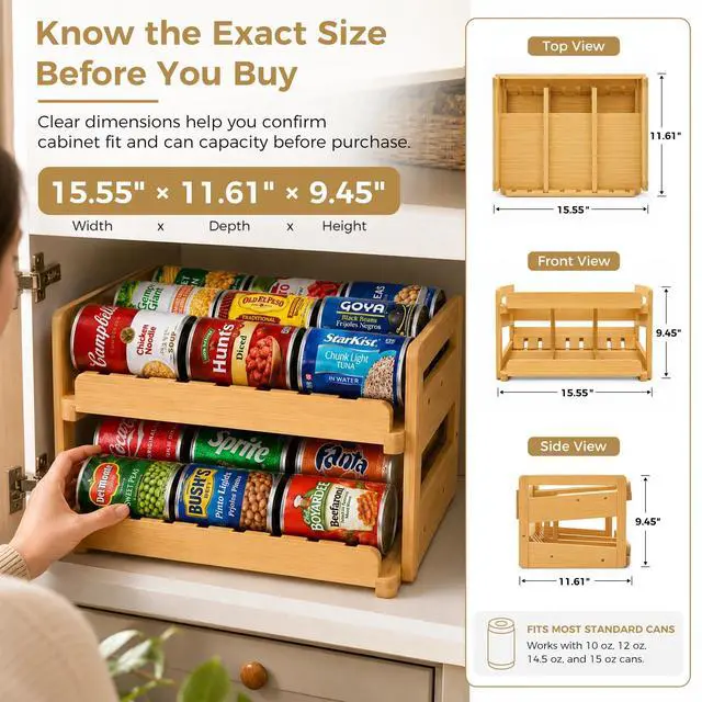 Alt view image 4 of 7 - Adjustable Can Organizer Rack, Two Tier Bamboo Stackable FIFO Cans Dispenser, Modern Style, Countertop, Assembly Required, Anti Shedding