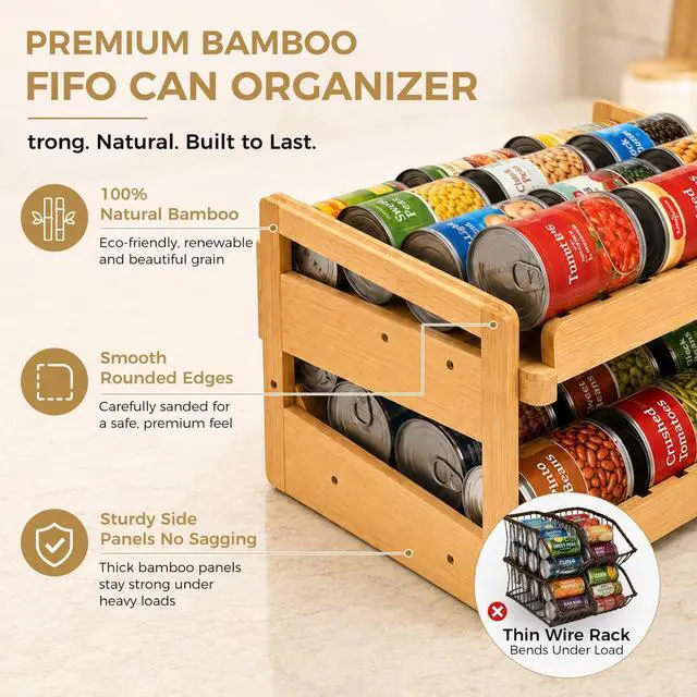 Alt view image 5 of 7 - Adjustable Can Organizer Rack, Two Tier Bamboo Stackable FIFO Cans Dispenser, Modern Style, Countertop, Assembly Required, Anti Shedding