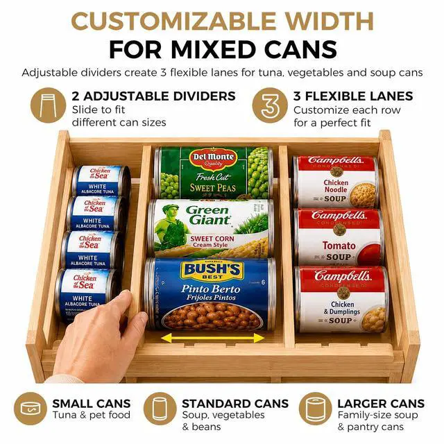 Alt view image 3 of 7 - Adjustable Can Organizer Rack, Two Tier Bamboo Stackable FIFO Cans Dispenser, Modern Style, Countertop, Assembly Required, Anti Shedding