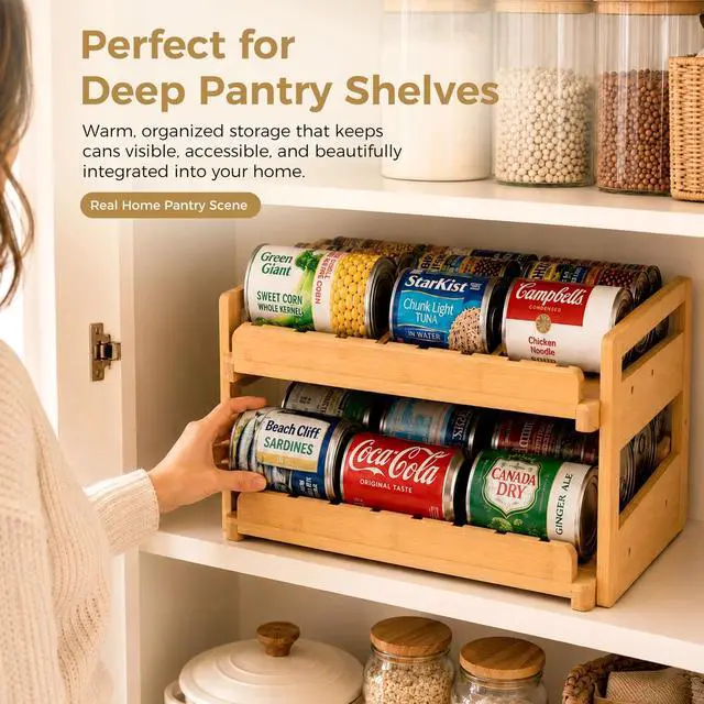 Alt view image 6 of 7 - Adjustable Can Organizer Rack, Two Tier Bamboo Stackable FIFO Cans Dispenser, Modern Style, Countertop, Assembly Required, Anti Shedding