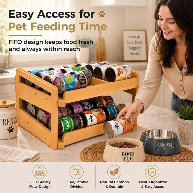 Alt view image 7 of 7 - Adjustable Can Organizer Rack, Two Tier Bamboo Stackable FIFO Cans Dispenser, Modern Style, Countertop, Assembly Required, Anti Shedding