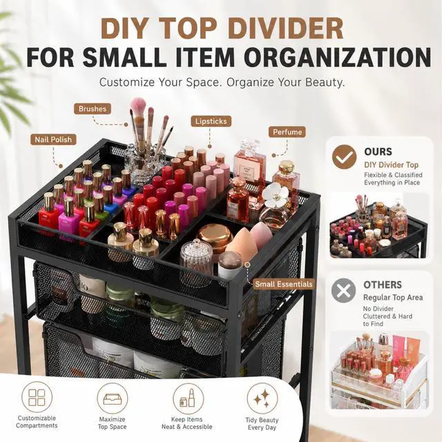 Alt view image 3 of 7 - 5-Tier Rolling Makeup Cart Organizer with 4 Drawers, Cosmetics Display with Dividers, Floor Skincare Storage with Wheels, Versatile Vanity Organizer for Nail Polish Perfume Brush Hair Tool, Black