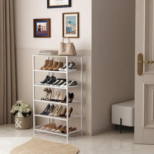 Alt view image 2 of 7 - Shoe Rack 6-Tier, Shoe Storage Shelf, Industrial Shoe Tower, Narrow Shoe Organizer for Closet Entryway, Small Shoe Rack Table with Durable Metal Shelves,White Oak