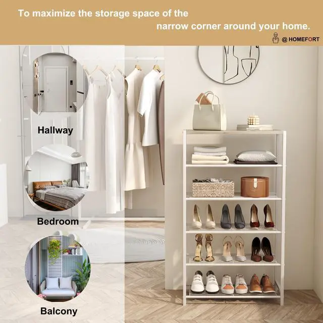 Alt view image 3 of 7 - Shoe Rack 6-Tier, Shoe Storage Shelf, Industrial Shoe Tower, Narrow Shoe Organizer for Closet Entryway, Small Shoe Rack Table with Durable Metal Shelves,White Oak