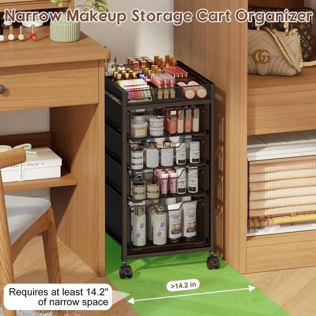 Alt view image 6 of 7 - 5-Tier Rolling Makeup Cart Organizer with 4 Drawers, Cosmetics Display with Dividers, Floor Skincare Storage with Wheels, Versatile Vanity Organizer for Nail Polish Perfume Brush Hair Tool, Black