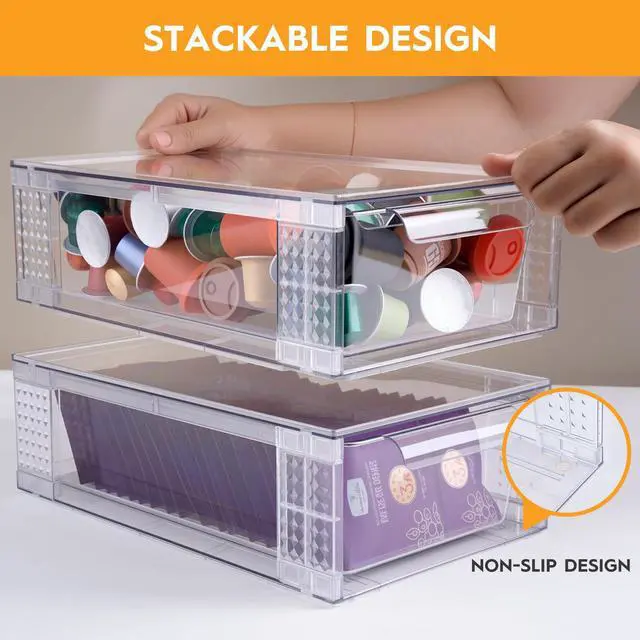 Alt view image 2 of 7 - 6 Pack Clear Stackable Storage Drawers, 3.95" H Easily Assemble Acrylic Organizer Bins - Multi-Use for Make up, Closet, Pantry, Bathroom, Medicine, Kitchen Cabinet & Undersink Organization