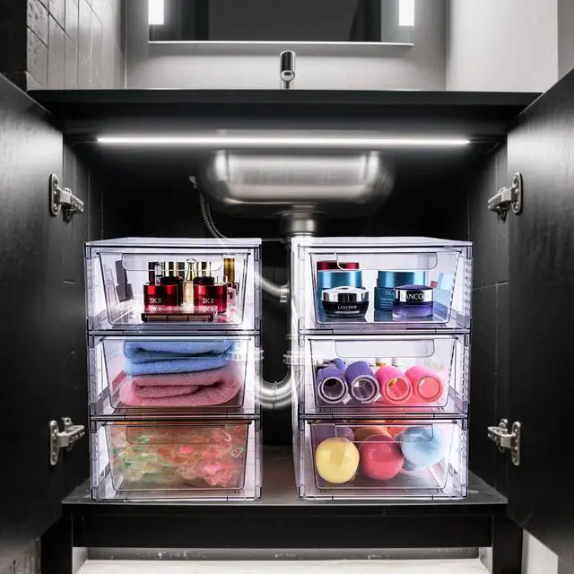Alt view image 4 of 7 - 6 Pack Clear Stackable Storage Drawers, 3.95" H Easily Assemble Acrylic Organizer Bins - Multi-Use for Make up, Closet, Pantry, Bathroom, Medicine, Kitchen Cabinet & Undersink Organization