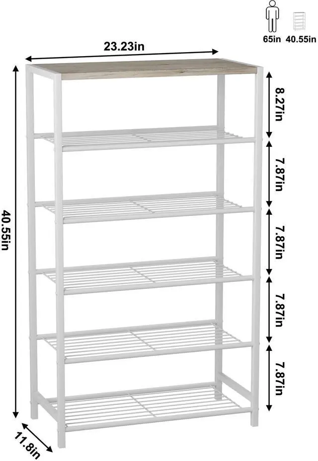 Alt view image 5 of 7 - Shoe Rack 6-Tier, Shoe Storage Shelf, Industrial Shoe Tower, Narrow Shoe Organizer for Closet Entryway, Small Shoe Rack Table with Durable Metal Shelves,White Oak