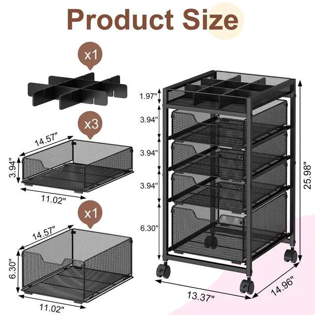 Alt view image 7 of 7 - 5-Tier Rolling Makeup Cart Organizer with 4 Drawers, Cosmetics Display with Dividers, Floor Skincare Storage with Wheels, Versatile Vanity Organizer for Nail Polish Perfume Brush Hair Tool, Black