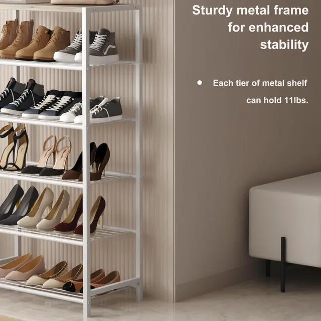 Alt view image 6 of 7 - Shoe Rack 6-Tier, Shoe Storage Shelf, Industrial Shoe Tower, Narrow Shoe Organizer for Closet Entryway, Small Shoe Rack Table with Durable Metal Shelves,White Oak