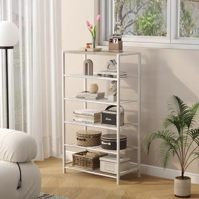 Alt view image 4 of 7 - Shoe Rack 6-Tier, Shoe Storage Shelf, Industrial Shoe Tower, Narrow Shoe Organizer for Closet Entryway, Small Shoe Rack Table with Durable Metal Shelves,White Oak