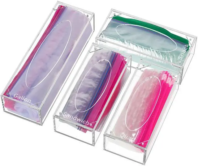 Main image of Food Bag Storage Organizer, Acrylic Kitchen Drawer Baggie Box, Compatible with Gallon, Slider Quart, Freezer, Sandwich, Snack, Variety Size Bags, 4 separate Pack(Clear)