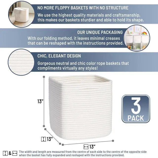 Alt view image 2 of 7 - 13 Inch Cube Storage Bins Cotton Rope Woven Baskets for Organizing 3-Pack | 13 x 13 Storage Cubes | Fabric Square Storage Baskets for Shelves Organizer, Kids Toy Bins, Closet Baby Nursery