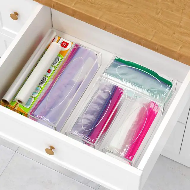 Alt view image 4 of 7 - Food Bag Storage Organizer, Acrylic Kitchen Drawer Baggie Box, Compatible with Gallon, Slider Quart, Freezer, Sandwich, Snack, Variety Size Bags, 4 separate Pack(Clear)