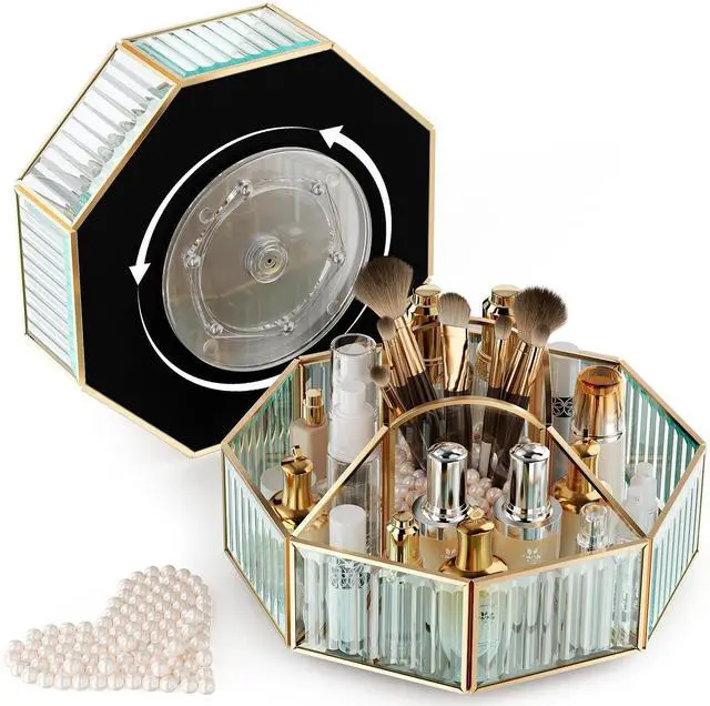 Main image of 360° Rotating Makeup Organizer Spinning Vanity Organizer with Makeup Brush Holder for Countertop, Bathroom Storage, Skincare, Perfume & Cosmetic Organizer for Vanity