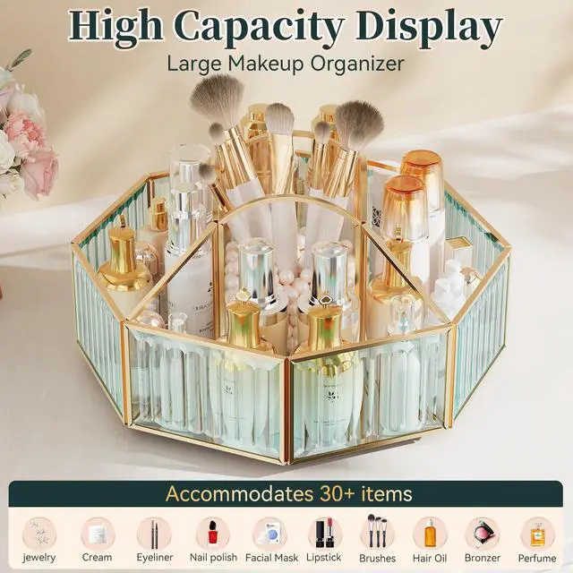 Alt view image 3 of 7 - 360° Rotating Makeup Organizer Spinning Vanity Organizer with Makeup Brush Holder for Countertop, Bathroom Storage, Skincare, Perfume & Cosmetic Organizer for Vanity