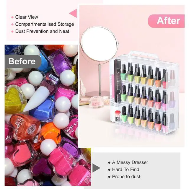 Alt view image 4 of 6 - 2pcs Nail Polish Organizer, Portable 48 Bottles Clear Nail Polish Holder with Adjustable Divider, Gel Nail Polish Storage Double Side Nail Polish Organizer Case for Nail Tech