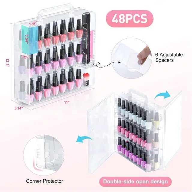 Alt view image 3 of 6 - 2pcs Nail Polish Organizer, Portable 48 Bottles Clear Nail Polish Holder with Adjustable Divider, Gel Nail Polish Storage Double Side Nail Polish Organizer Case for Nail Tech