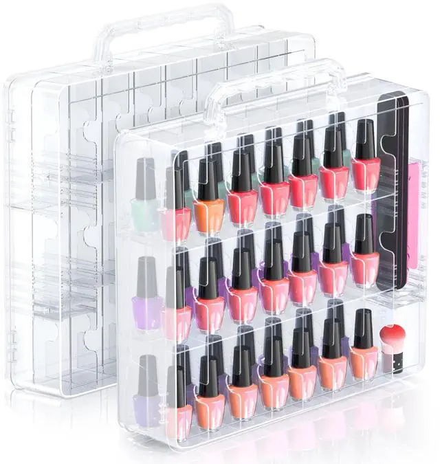Main image of 2pcs Nail Polish Organizer, Portable 48 Bottles Clear Nail Polish Holder with Adjustable Divider, Gel Nail Polish Storage Double Side Nail Polish Organizer Case for Nail Tech