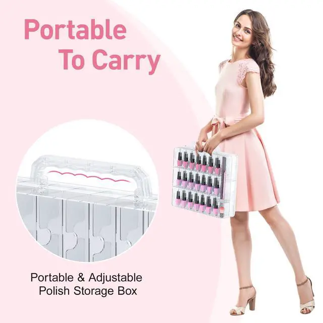 Alt view image 5 of 6 - 2pcs Nail Polish Organizer, Portable 48 Bottles Clear Nail Polish Holder with Adjustable Divider, Gel Nail Polish Storage Double Side Nail Polish Organizer Case for Nail Tech