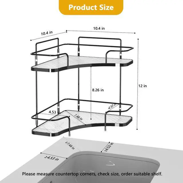 Alt view image 2 of 7 - 2 Tier Countertop Corner Organizer, Corner Shelf for Vanity Countertop, Bathroom, Kitchen & Coffee Bar, Open Metal Frame with Clear Trays, Tool-Free Assembly, Space-Saving Storage, Black