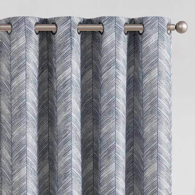 Main image of Blue Printed Curtains 84 Inch Length for Living Room Grommet Jacquard Curtains with Herringbone Pattern Modern Room Darkening Drapes Bedroom Window Curtain Set 2 Panels