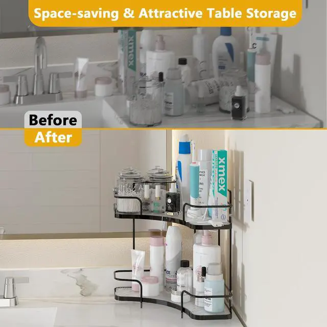 Alt view image 3 of 7 - 2 Tier Countertop Corner Organizer, Corner Shelf for Vanity Countertop, Bathroom, Kitchen & Coffee Bar, Open Metal Frame with Clear Trays, Tool-Free Assembly, Space-Saving Storage, Black