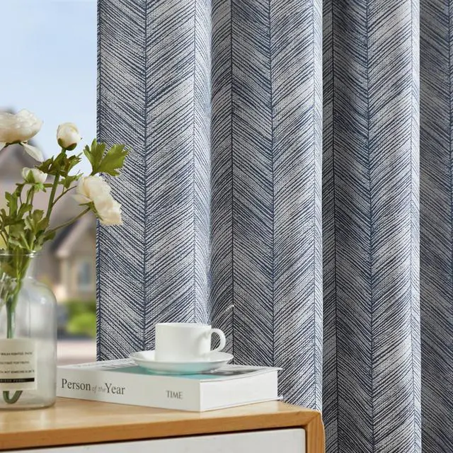 Alt view image 3 of 7 - Blue Printed Curtains 84 Inch Length for Living Room Grommet Jacquard Curtains with Herringbone Pattern Modern Room Darkening Drapes Bedroom Window Curtain Set 2 Panels