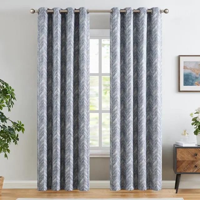 Alt view image 2 of 7 - Blue Printed Curtains 84 Inch Length for Living Room Grommet Jacquard Curtains with Herringbone Pattern Modern Room Darkening Drapes Bedroom Window Curtain Set 2 Panels