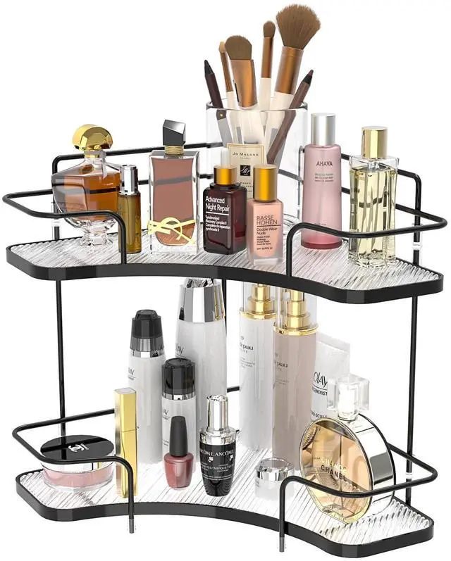 Main image of 2 Tier Countertop Corner Organizer, Corner Shelf for Vanity Countertop, Bathroom, Kitchen & Coffee Bar, Open Metal Frame with Clear Trays, Tool-Free Assembly, Space-Saving Storage, Black
