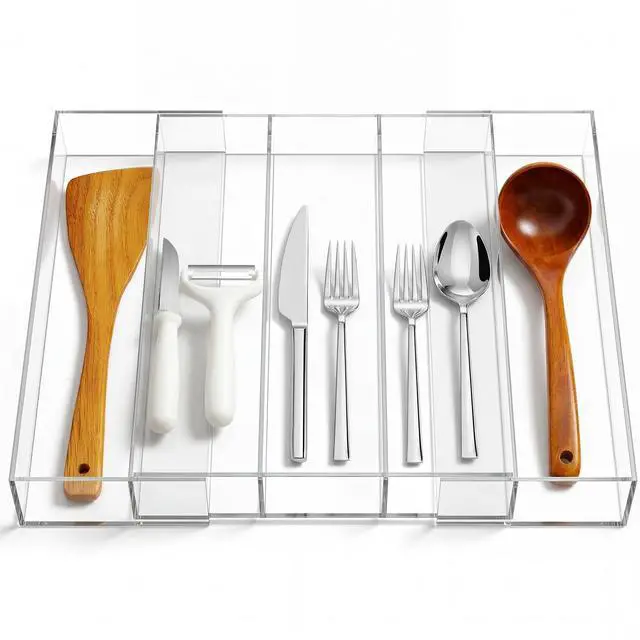 Main image of 1 Pack Expandable Kitchen Drawer Organizer Clear Acrylic Utensil Organizer Adjustable Acrylic Silverware Storage for Drawers Silverware Flatware Knives (12 x 16 Inches,3-5 Compartments)