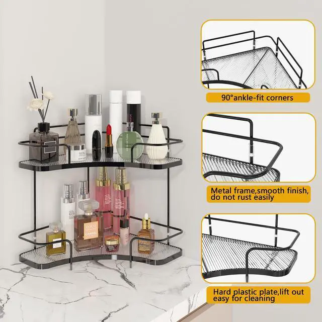 Alt view image 5 of 7 - 2 Tier Countertop Corner Organizer, Corner Shelf for Vanity Countertop, Bathroom, Kitchen & Coffee Bar, Open Metal Frame with Clear Trays, Tool-Free Assembly, Space-Saving Storage, Black