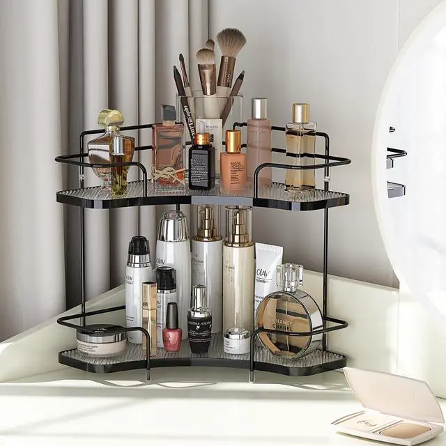 Alt view image 6 of 7 - 2 Tier Countertop Corner Organizer, Corner Shelf for Vanity Countertop, Bathroom, Kitchen & Coffee Bar, Open Metal Frame with Clear Trays, Tool-Free Assembly, Space-Saving Storage, Black