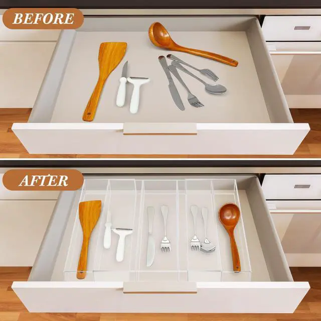 Alt view image 4 of 6 - 1 Pack Expandable Kitchen Drawer Organizer Clear Acrylic Utensil Organizer Adjustable Acrylic Silverware Storage for Drawers Silverware Flatware Knives (12 x 16 Inches,3-5 Compartments)