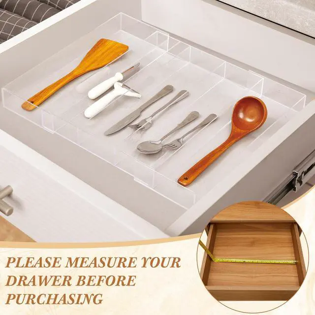 Alt view image 3 of 6 - 1 Pack Expandable Kitchen Drawer Organizer Clear Acrylic Utensil Organizer Adjustable Acrylic Silverware Storage for Drawers Silverware Flatware Knives (12 x 16 Inches,3-5 Compartments)