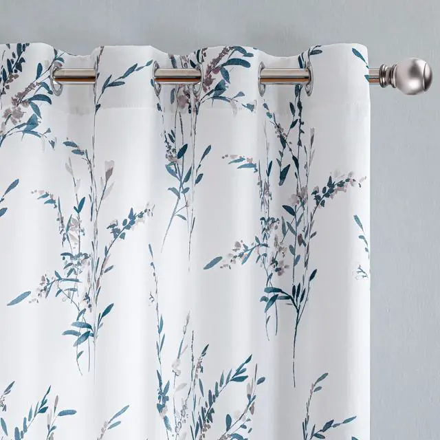Main image of Floral Curtains 63 Inch Curtains 2 Panel Set for Bedroom Living Room Light Filtering Curtains for Home Decor Grommet Curtains Leaf Flower Printed Window Treatments, Navy Blue