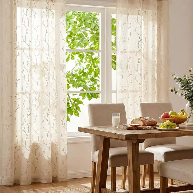 Alt view image 3 of 7 - Sheer Curtains for Bedroom 84 Inch Length Leaf Embroidered Semi Sheers for Living Room Botanical Embroidery Voile Transparent Grommet Window Treatments Taupe 2 Panels