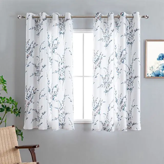 Alt view image 2 of 6 - Floral Curtains 63 Inch Curtains 2 Panel Set for Bedroom Living Room Light Filtering Curtains for Home Decor Grommet Curtains Leaf Flower Printed Window Treatments, Navy Blue
