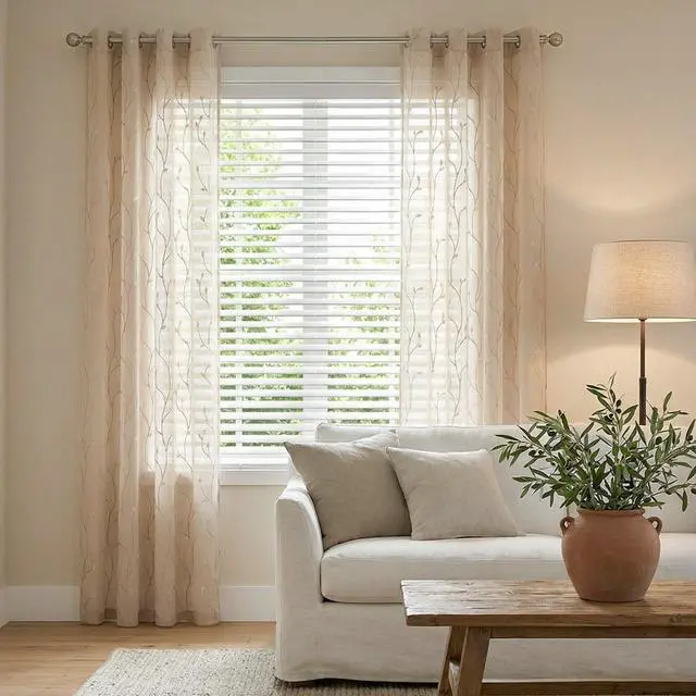 Alt view image 4 of 7 - Sheer Curtains for Bedroom 84 Inch Length Leaf Embroidered Semi Sheers for Living Room Botanical Embroidery Voile Transparent Grommet Window Treatments Taupe 2 Panels