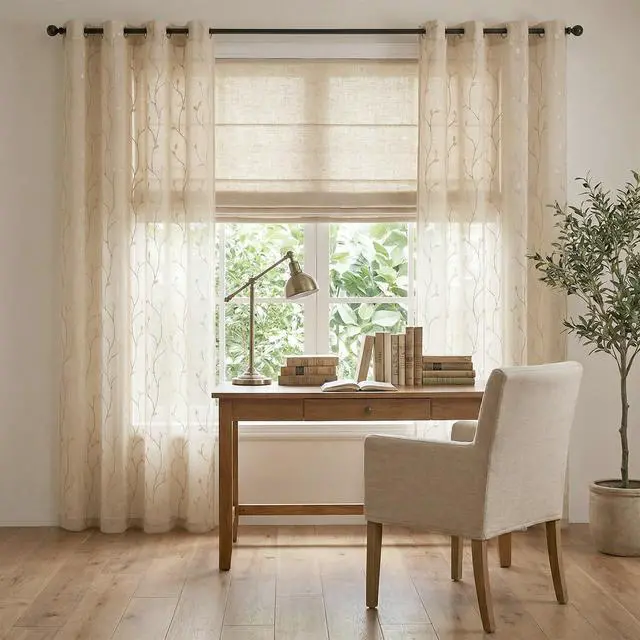 Alt view image 6 of 7 - Sheer Curtains for Bedroom 84 Inch Length Leaf Embroidered Semi Sheers for Living Room Botanical Embroidery Voile Transparent Grommet Window Treatments Taupe 2 Panels