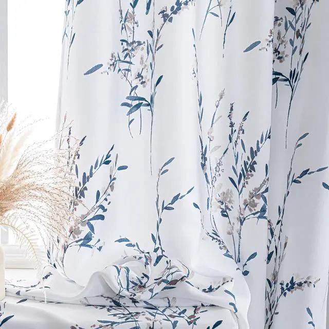 Alt view image 4 of 6 - Floral Curtains 63 Inch Curtains 2 Panel Set for Bedroom Living Room Light Filtering Curtains for Home Decor Grommet Curtains Leaf Flower Printed Window Treatments, Navy Blue