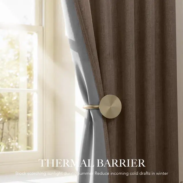 Alt view image 4 of 7 - Brown 100% Blackout Curtains 96 inches Long, Thermal Insulating Privacy Energy Saving Linen Curtains for Bedroom Living Room Window Office Theater Dining Nursery, W52 x L96, 2 Panels