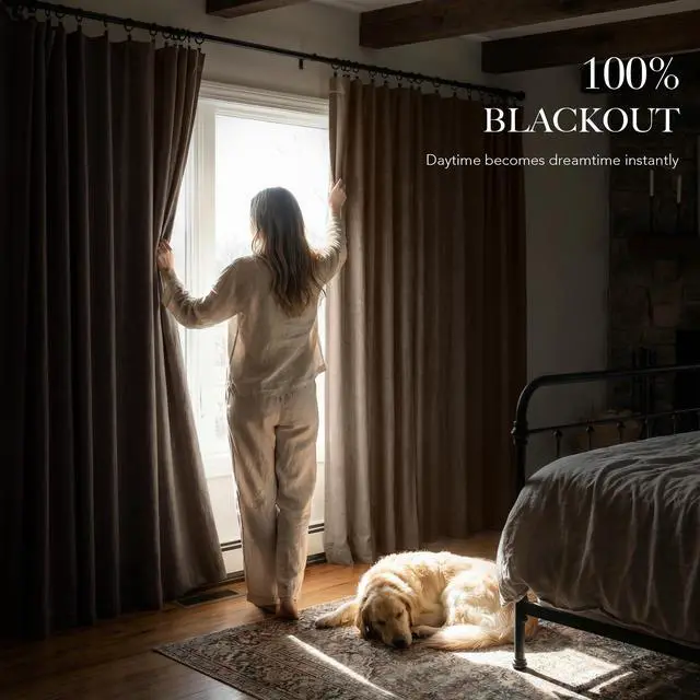Alt view image 3 of 7 - Brown 100% Blackout Curtains 96 inches Long, Thermal Insulating Privacy Energy Saving Linen Curtains for Bedroom Living Room Window Office Theater Dining Nursery, W52 x L96, 2 Panels