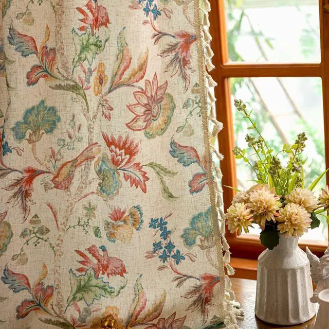 Main image of Boho Jacobean Curtains for Living Room 84 Inch Length Colorful Watercolor Bohemian Floral Pattern Linen Window Curtain Panels with Tassel Farmhouse Shabby Chic Drapes Set of 2 W50 x L84 Blue Red