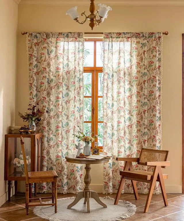 Alt view image 3 of 6 - Boho Jacobean Curtains for Living Room 84 Inch Length Colorful Watercolor Bohemian Floral Pattern Linen Window Curtain Panels with Tassel Farmhouse Shabby Chic Drapes Set of 2 W50 x L84 Blue Red