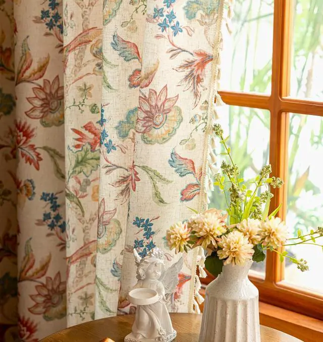 Alt view image 4 of 6 - Boho Jacobean Curtains for Living Room 84 Inch Length Colorful Watercolor Bohemian Floral Pattern Linen Window Curtain Panels with Tassel Farmhouse Shabby Chic Drapes Set of 2 W50 x L84 Blue Red