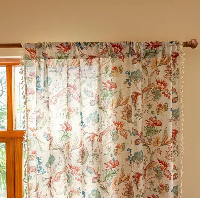 Alt view image 2 of 6 - Boho Jacobean Curtains for Living Room 84 Inch Length Colorful Watercolor Bohemian Floral Pattern Linen Window Curtain Panels with Tassel Farmhouse Shabby Chic Drapes Set of 2 W50 x L84 Blue Red